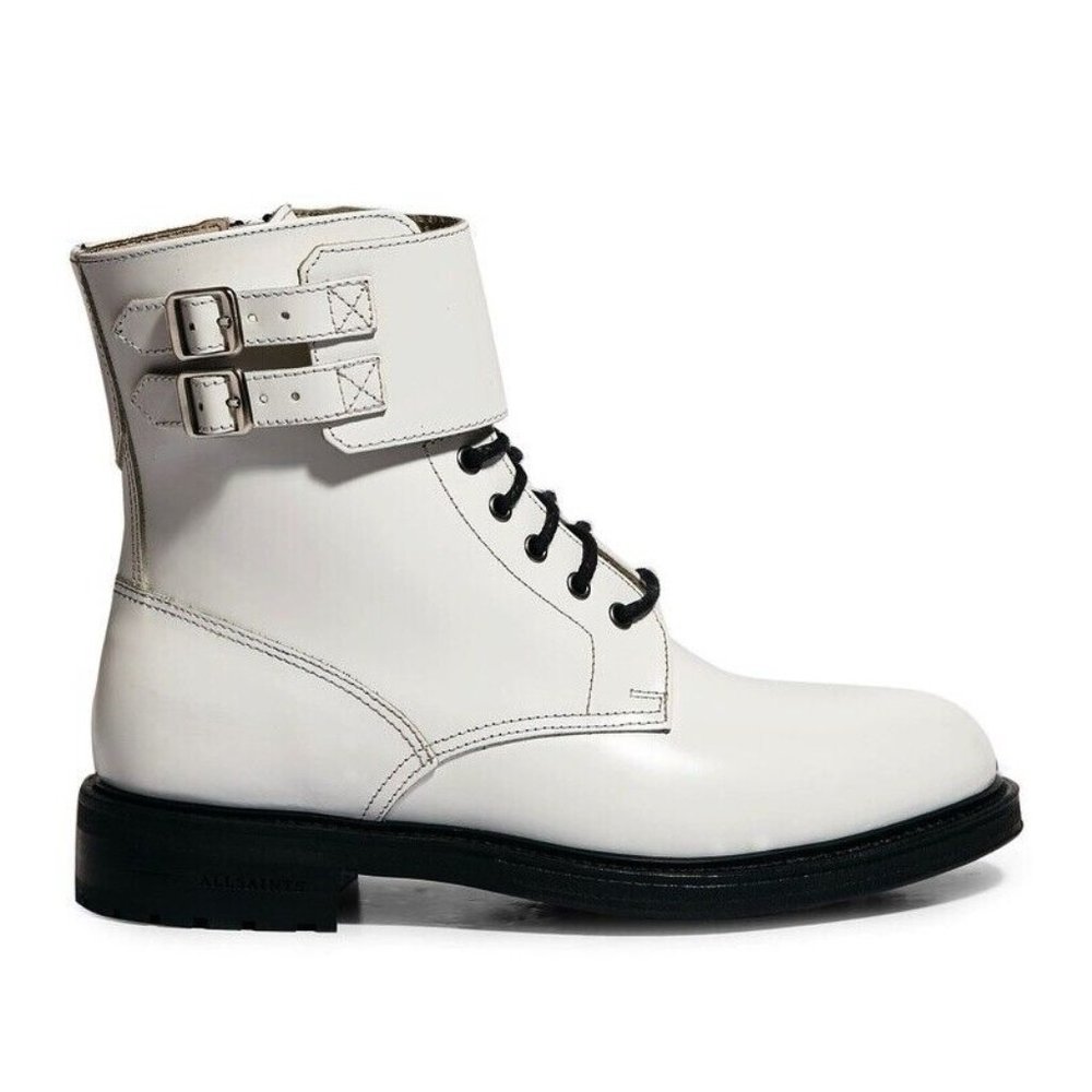 $400 ALLSAINTS BRIDAGE COMBAT BOOT WHITE POLISHED LEATHER VINTAGE BELT 37 (ME29)